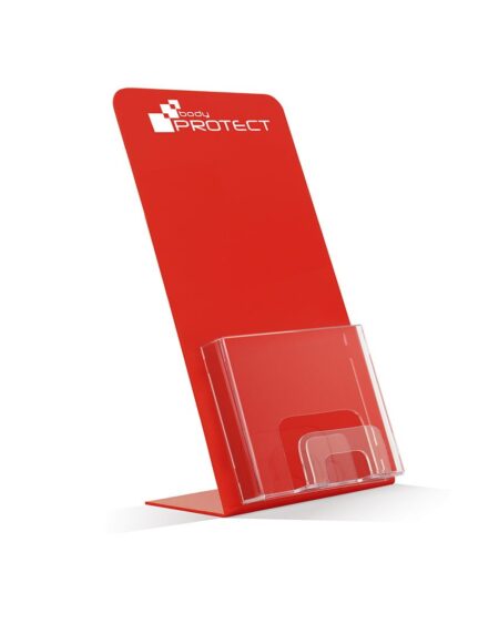 Stojak na ulotki DL czerwony z logo i wizytownikiem